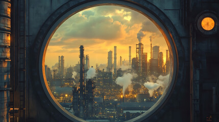 Fototapete - A large circular window overlooking a sprawling manufacturing plant, the window frames the bustling industrial scene