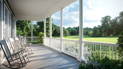 Fototapete - A large front porch with white railings and rocking chairs, overlooking the green lawn the photo is taken from behind looking out over the railing