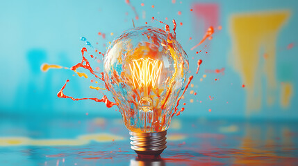 Aufkleber - A light bulb with splashes of colors on a blue background