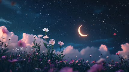 Aufkleber - A serene stylized landscape, sleep meditation concept, featuring flowers in the foreground, a peaceful night sky sprinkled with stars, and a glowing crescent moon