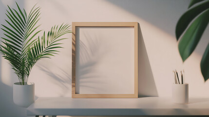 Poster - A simple, elegant wooden picture frame sits on a white desk against a plain white wall, illuminated by bright natural daylight