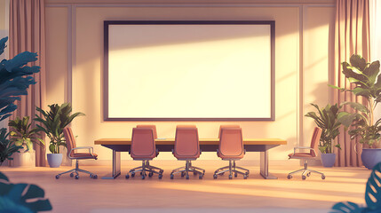 Aufkleber - A spacious conference room with a large table, chairs, and a blank billboard on the wall, illustration
