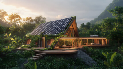 Wall Mural - a sustainable off-grid living house, isolated in a serene remote location, surrounded by nature, wit
