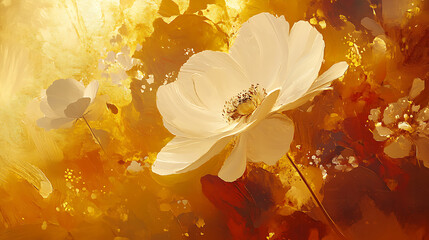 Poster - A technique for painting in abstract oil, flowers, leaves, the future is stylish on paper, a luminous golden texture, prints, wall papers, posters, cards, murals, carpets, decorations, wall