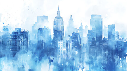 Poster - A watercolor painting of buildings in blue
