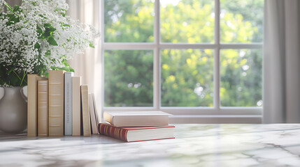 Aufkleber - A white marble counter top with books on it with a window