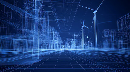 Aufkleber - A wireframe of wind turbines showcasing advanced design and performance analysis, highlighted in blue tones, emphasizing the intricacies of renewable energy technology