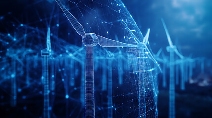 Leinwandbilder - A wireframe of wind turbines showcasing advanced design and performance analysis, highlighted in blue tones, emphasizing the intricacies of renewable energy technology