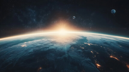 Poster - Above the surface of the planet earth, a parade of planets has built up among the cosmic bodies, 3d rendering