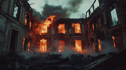Aufkleber - Abandoned burning destroyed buildings with smoke and flames of fire