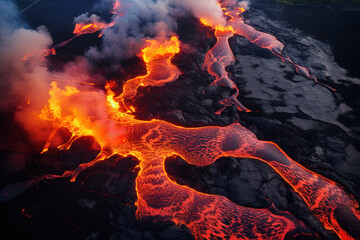 Wall Mural - volcano eruption from a bird view. volcano crater and magma flow shot from above. genertated ai.