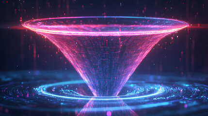 Poster - Futuristic digital funnel concept with glowing lines and particles, it symbolizes the flow of data, digital transformation, innovation