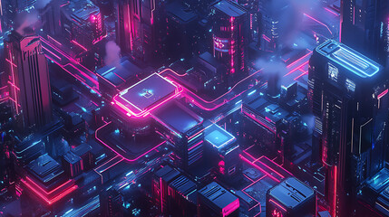 Fototapete - Futuristic neon city in an isometric form, the concept of connecting devices, communication between devices, future city transport system banner