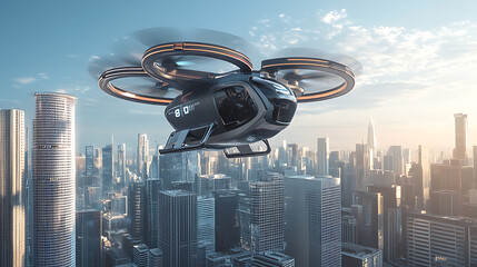 Aufkleber - Generic futuristic manned roto passenger drone flying in the sky over modern city for future air transportation