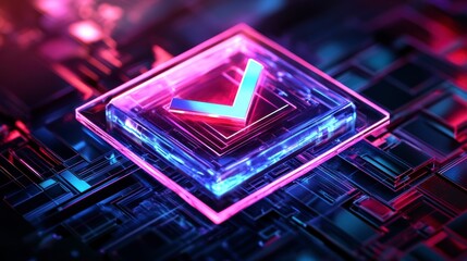 Poster - Neon checkmark symbol on a futuristic circuit board.