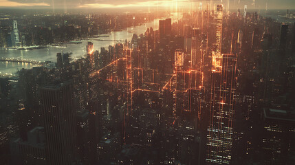 Leinwandbilder - Global media link overlaying a bustling urban cityscape, symbolizing the advanced 5g network connectivity and highspeed internet that powers modern business and communication