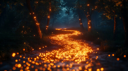 Aufkleber - Glowing path through a woodland forest, guidance and direction