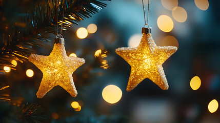 Poster - Golden star with sparks and bokeh on black background