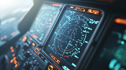 Graphic of digital radar interface on airplane, concept of aviation technology