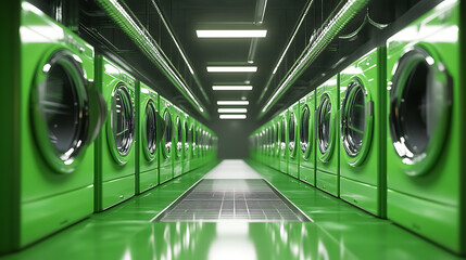Poster - Green washing and laundry concept with rows of green laundry machines in environmental friendly laundromat