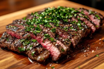 Aufkleber - Fresh marbled steak garnished with herbs on a wooden cutting board, showcasing deep contrast lighting for an appetizing look