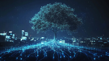Leinwandbilder - Growing digital ideas concept, with tree rooted in blue wires, illustration