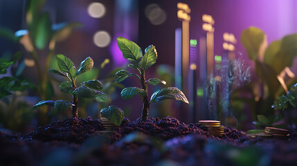 Poster - Growth in business financial investment, with upward trending graphs, currency symbols, and investment tools indicating increasing interest and profitability