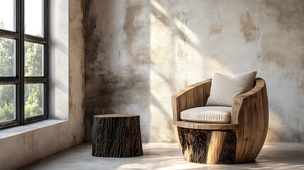 Poster - Hand-crafted barrel chair made from solid wood and stump coffee table near grunge stucco wall and window, rustic style interior design of modern living room in farmhouse