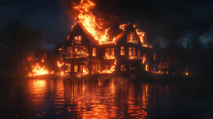 Aufkleber - Large wooden two-storied house on fire at night, based on