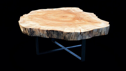 Poster - Hand crafted live edge coffee table on black metal legs isolated on black background