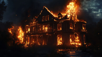 Aufkleber - Large wooden two-storied house on fire at night, based on