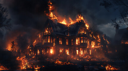 Aufkleber - Large wooden two-storied house on fire at night, based on