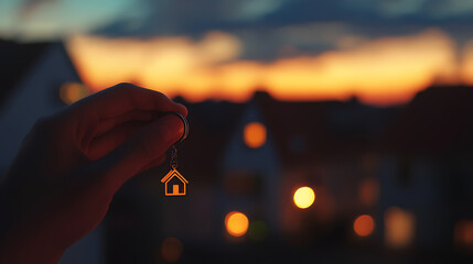 Poster - Hand holding a keychain shaped like a house in front of blurred houses, symbolizing new home ownership at sunset