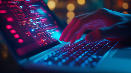 Poster - Hands typing on laptop keyboard ordering in online store, online shopping, online payment security, shipping and e-commerce, online shopping and technology background