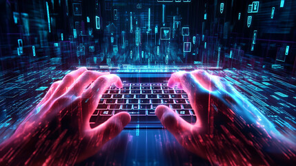 Poster - Hands typing on laptop keyboard ordering in online store, online shopping, online payment security, shipping and e-commerce, online shopping and technology background