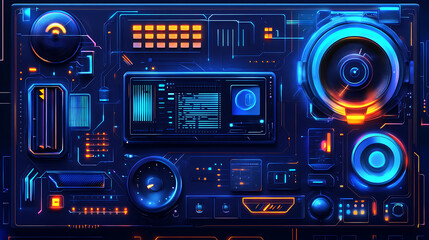 Leinwandbilder - Hardware and software computer technology background, futuristic modern illustration in blue neon colors