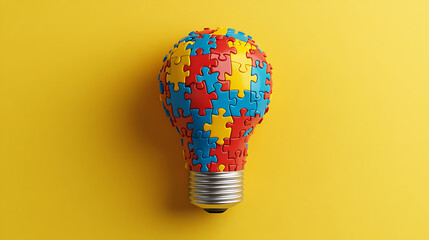 Poster - Light bulb made of colorful puzzle pieces on yellow background