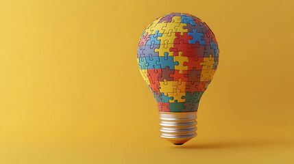 Aufkleber - Light bulb made of colorful puzzle pieces on yellow background