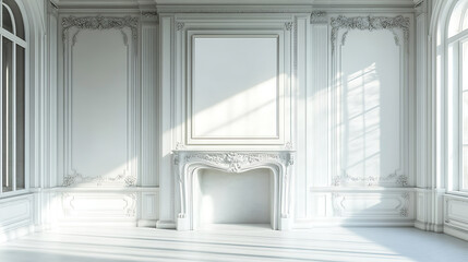 Fototapete - Light gallery room interior with fireplace and decoration, mockup frame