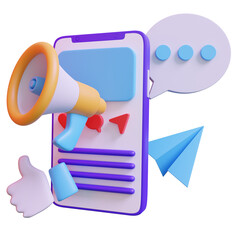 A 3D rendered illustration depicts social media promotion through digital devices and communication tools.