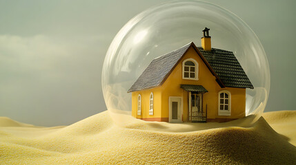 Aufkleber - House covered transparent bubble to protect it from rain and storm, concept of home insurance, yellow sand
