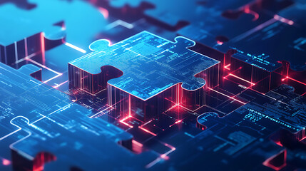 Poster - Idea metaphor, business strategy, success solution, jigsaw puzzle symbol, connect, challenge, join us concept, isolated on blue background