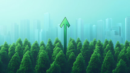 Poster - Illustration of a lush green trees aligned in a row, with a stylized arrow pointing upwards, signifying growth or success, set against the faint outline of urban skyscrapers