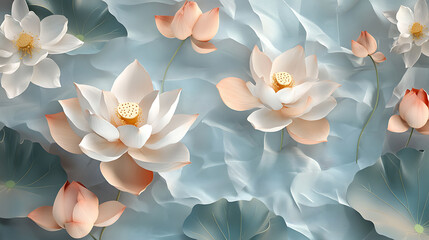 Poster - Illustration of pink and white lotuses, dried plant, luxury color combination, turquoise, herbarium, crumpled paper, abstract pattern, golden glow, foliage, gray pastel background, flowers, 3d artwork