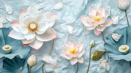 Poster - Illustration of pink and white lotuses, dried plant, luxury color combination, turquoise, herbarium, crumpled paper, abstract pattern, golden glow, foliage, gray pastel background, flowers, 3d artwork