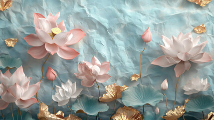 Poster - Illustration of pink and white lotuses, dried plant, luxury color combination, turquoise, herbarium, crumpled paper, abstract pattern, golden glow, foliage, gray pastel background, flowers, 3d artwork