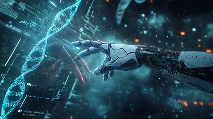Poster - In a virtual interface, hands of robots and humans are touching dna as if they were connecting in a virtual interface on the future, science, technology and artificial intelligence