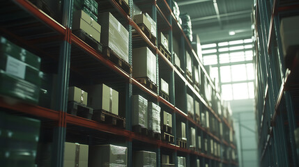 Fototapete - Industrial storage warehouse with shelves stacked with boxes