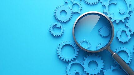 Fototapete - Magnifying glass and gears on blue background representing seo audit and analysis