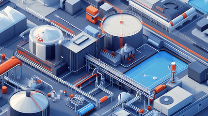 Aufkleber - Industrial water tanks, pumping stations and industrial water facilities with cleaning and filtering systems in isometric